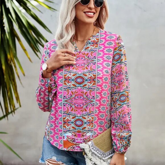 Boho Chic Printed Long-Sleeve Blouse - Pink & Multicolor - Picture 2 of 7